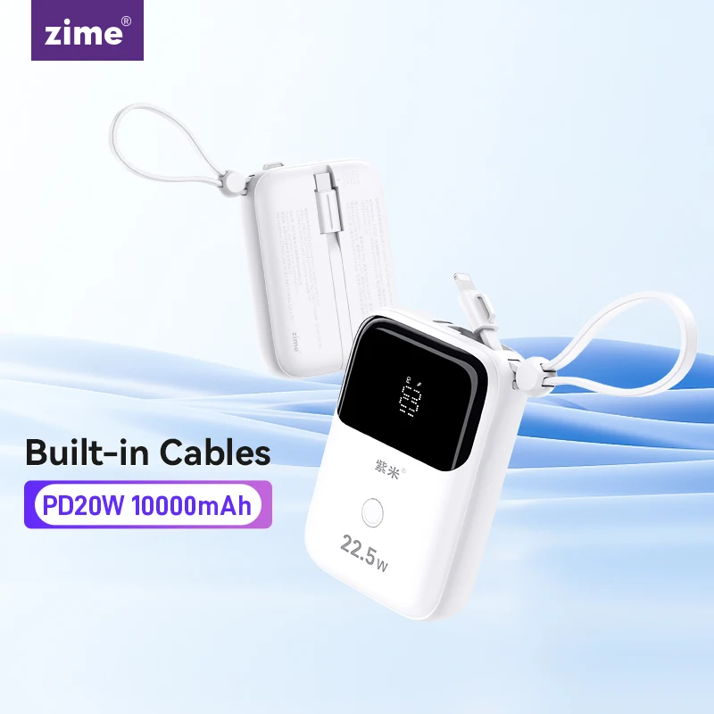 Zime Power Bank Portable 10000mAh Mini Built-in Fast Charging Cables PD20W Powerbank External Battery Charger for iPhone 14 13