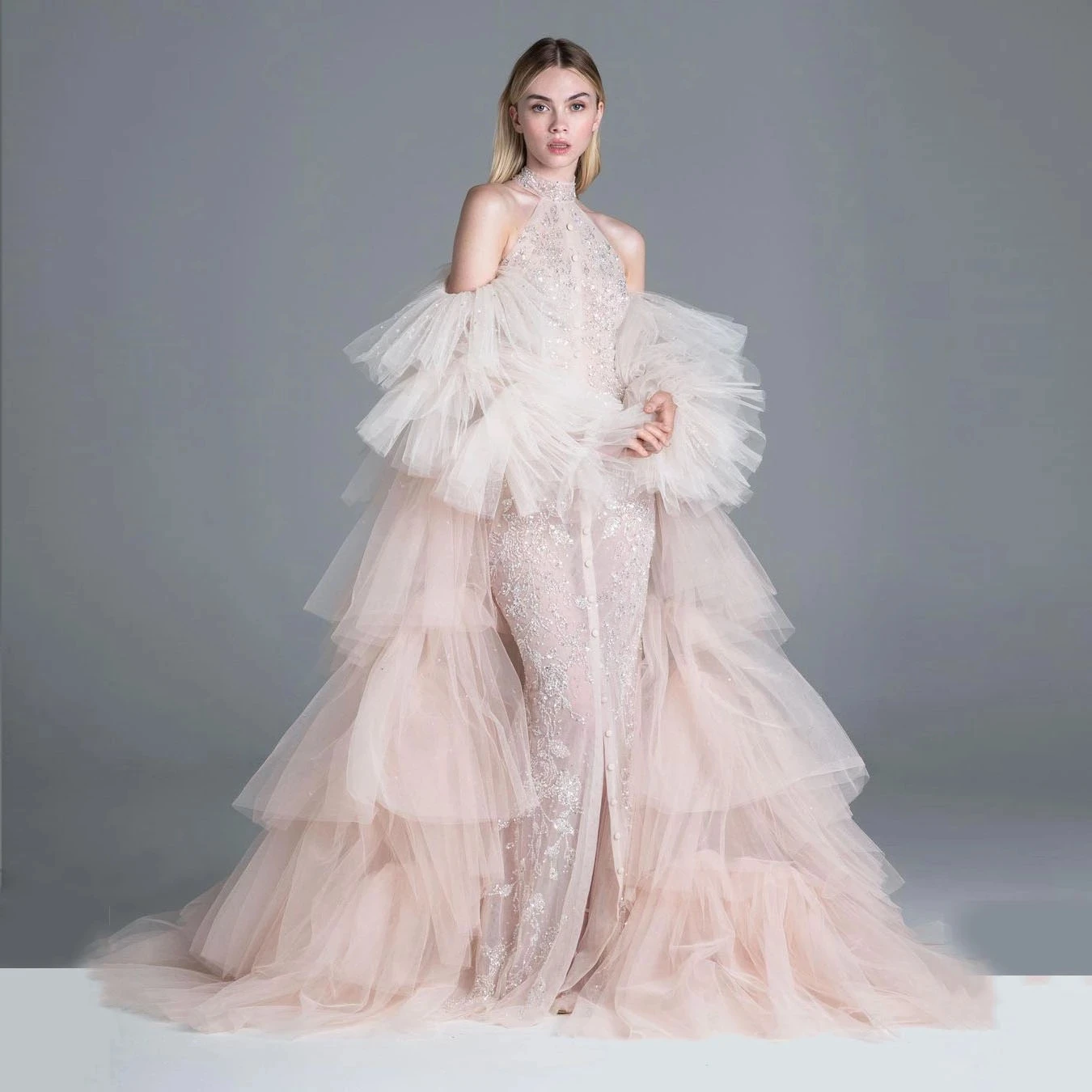 

Blush Pink Shiny Lace Straight Prom Gowns With Ruffled Tulle Jacket Puff Sleeves Prety Bridal Dress Luxury Formal Dress Women