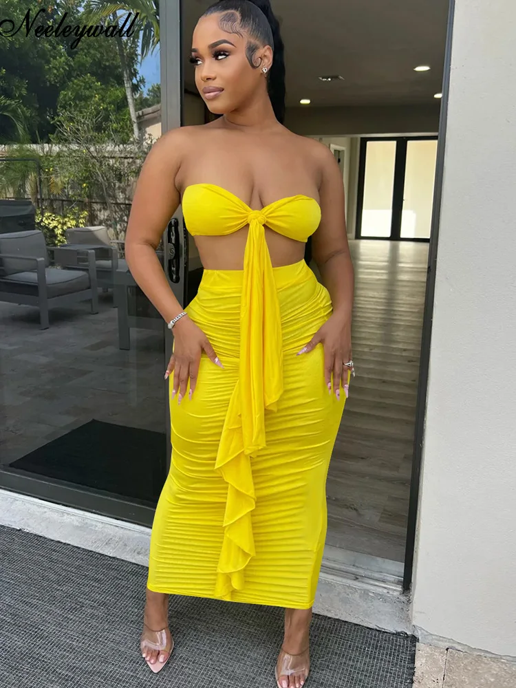 

Neeleywall Sexy Off Shoulder Tied Front Crop Top And Ruched Skirt Set Vacation Outfits Summer Bandage Two-Piece Dress Clubwear