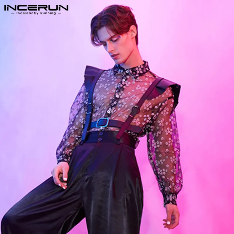 Fashion Men Mesh Shirt Transparent Long Sleeve Printed Lapel Loose Streetwear Blouse Party Clubwear Casual Casmia S-5XL INCERUN