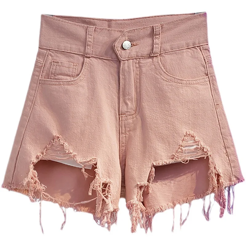 High Waist Denim Shorts Raw Edge For Women Pants Pink Korean Style Shorts Y2k Fashion Streetwear Jeans Casual Straight Female