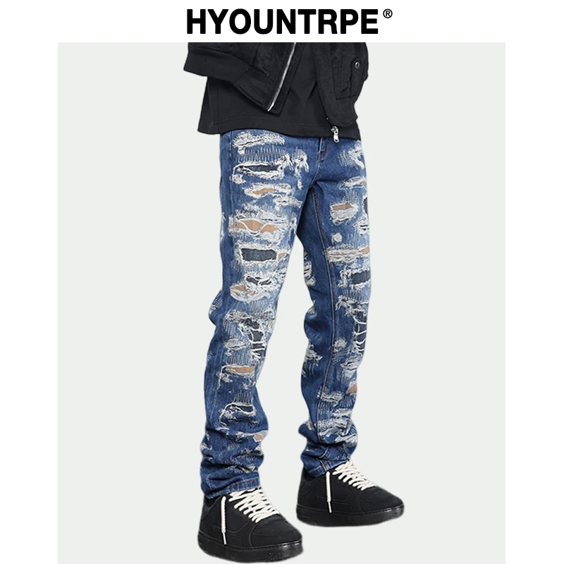 Retro Washed 3D Printed Fake Distressed Jeans Hip Hop Denim Pants Streetwear Jean Pants Mens Harajuku Cotton Trousers Joggers
