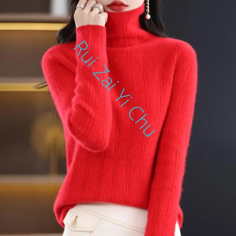 

New Pure Color Warm Soft Korean Fit Fashion Top100% Pure Wool Women's Sweater Knitted Long Sleeve High Neck Pullover