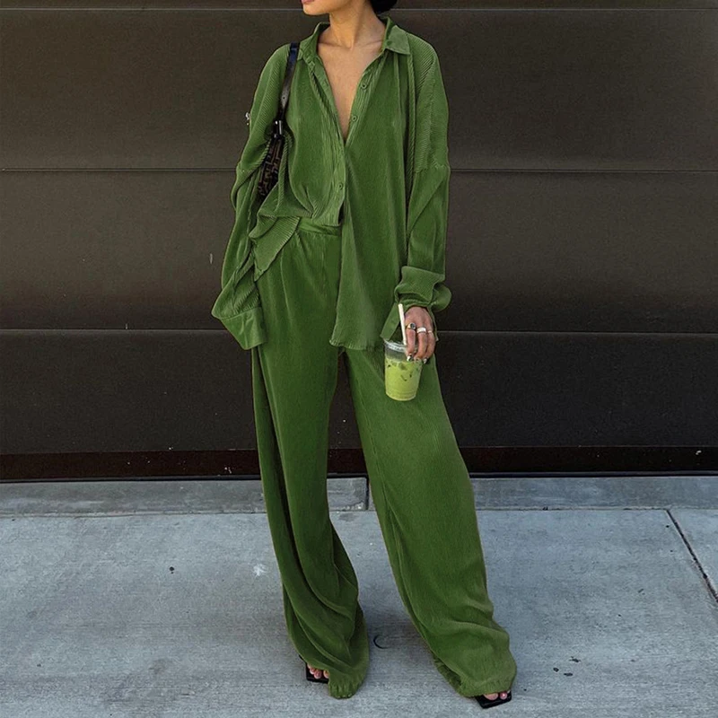 

Casual Fashion 2 Pcs Women Set Long Sleeve Loose Folds Shirt Top High Waist Elastic Straight Wide Leg Pants Wild Vintage Suit
