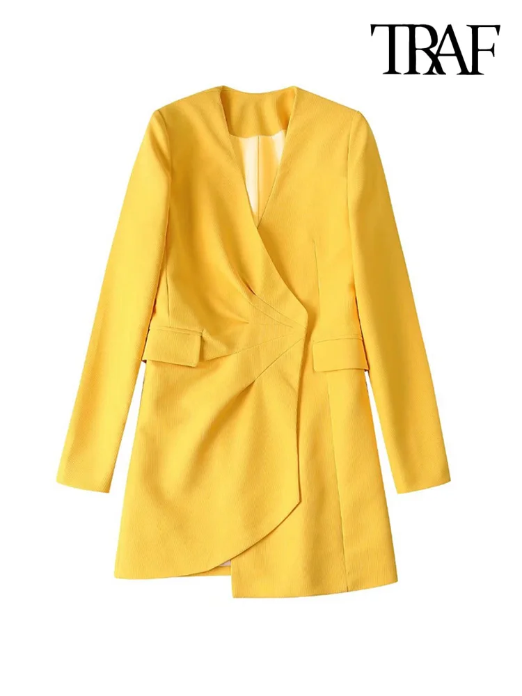 

TRAF Women Fashion With Hidden Buttons Draped Asymmetric Mini Dress Vintage Long Sleeve Flap Pockets Female Dresses Mujer