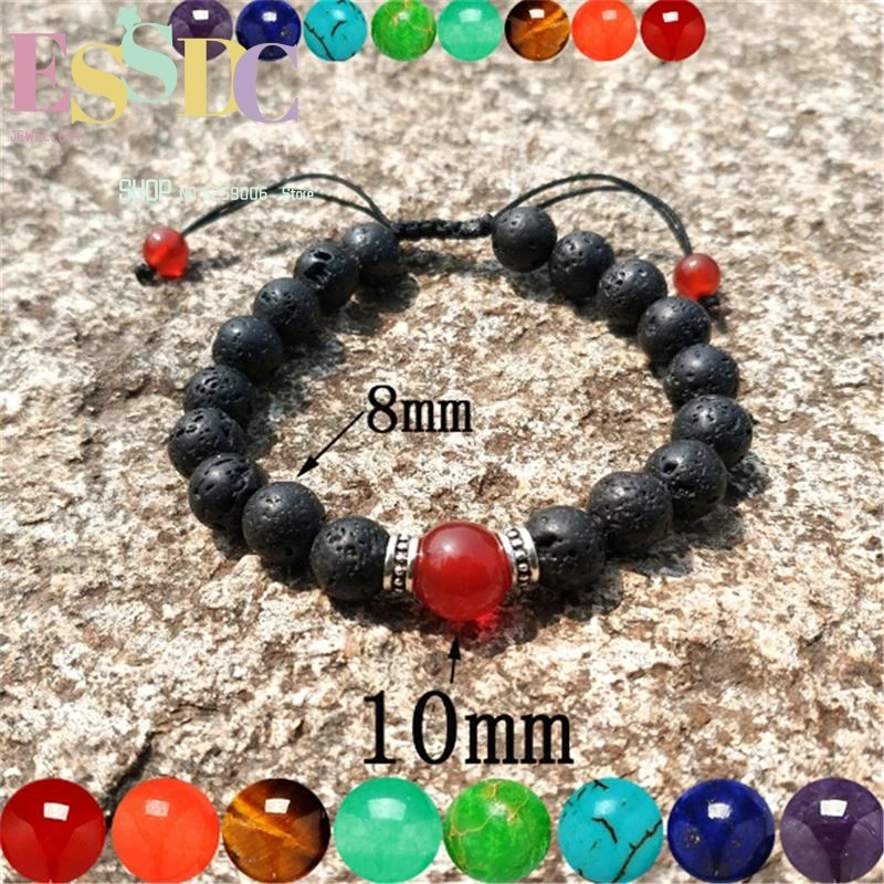 

ESSDC 7 Chakras Red 10mm Onyx Natural 8mm Volcanic Stone Yoga Energy Beads Unisex Wrap Bracelet Wholesale