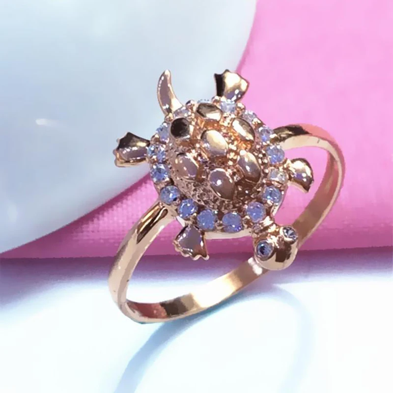 

585 purple gold 14K rose gold inlaid crystal turtle rings for women opening three-dimensional design exquisite jewelry gift