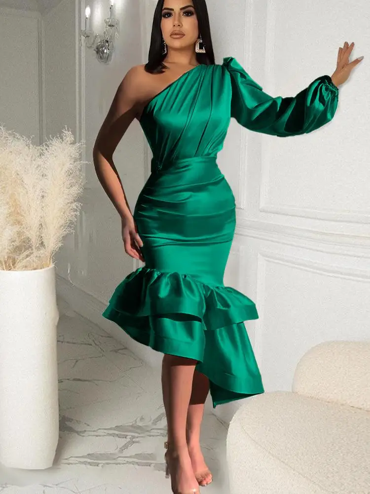 

Green One Shoulder Cocktail Dresses Ladies Women Long Sleeve Bodycon Party Gowns Irregular Mermaid Satin Outfit Knee Length Maxi