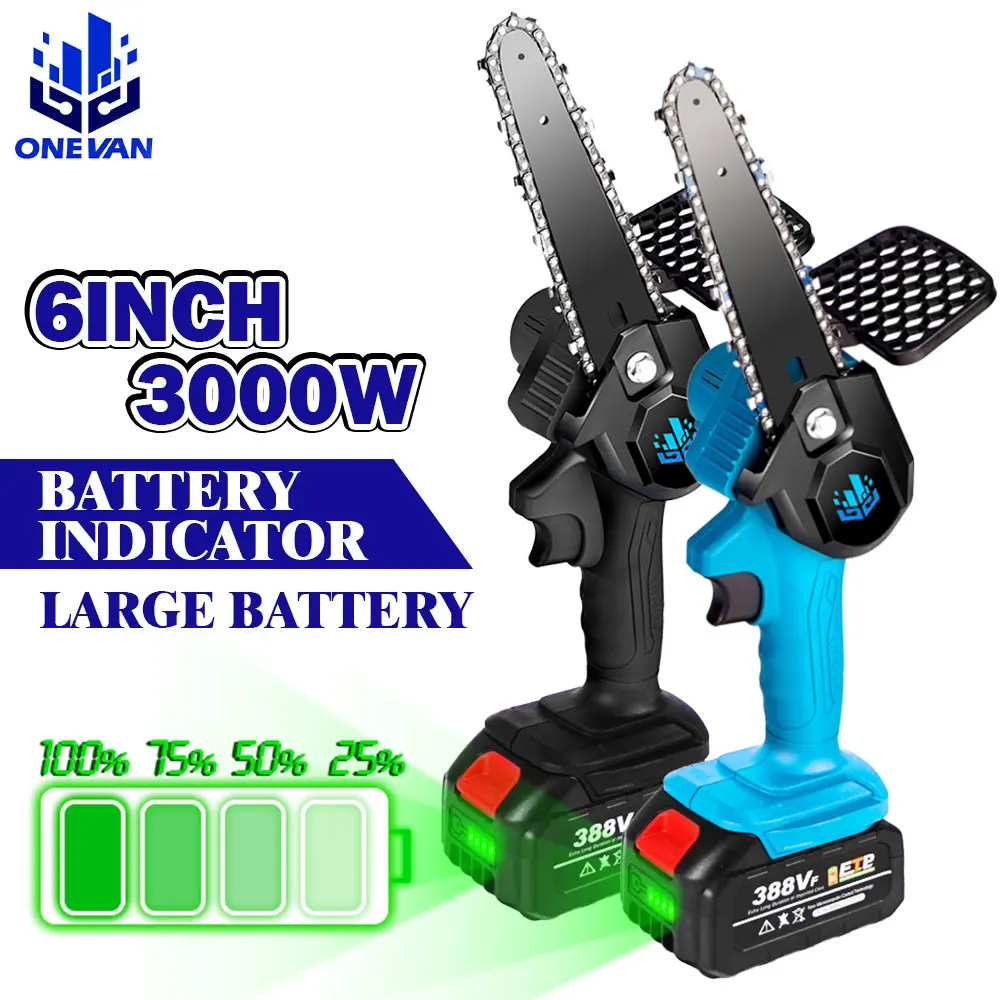 

6 Inch 3000W 388VF Mini Electric Chain Saw With Battery Indicator Rechargeable Woodworking Tool EU Plug For Makita 18V Battery