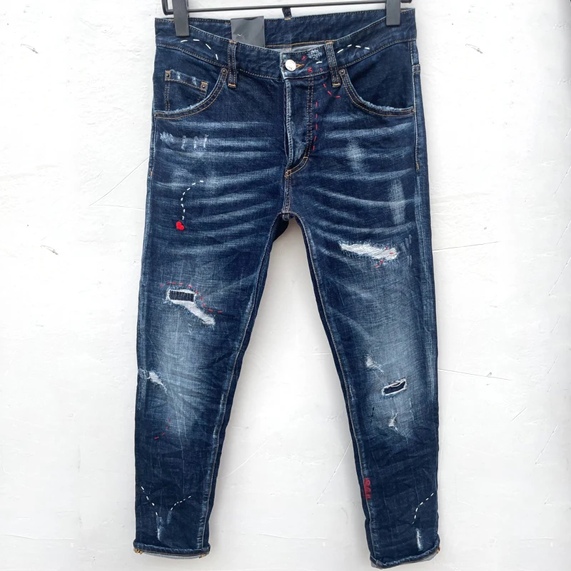 2023 New Starbags DSQ Trendy Men's Wash, worn holes, patches, paint, three-dimensional cut small feet, blue jeans for men