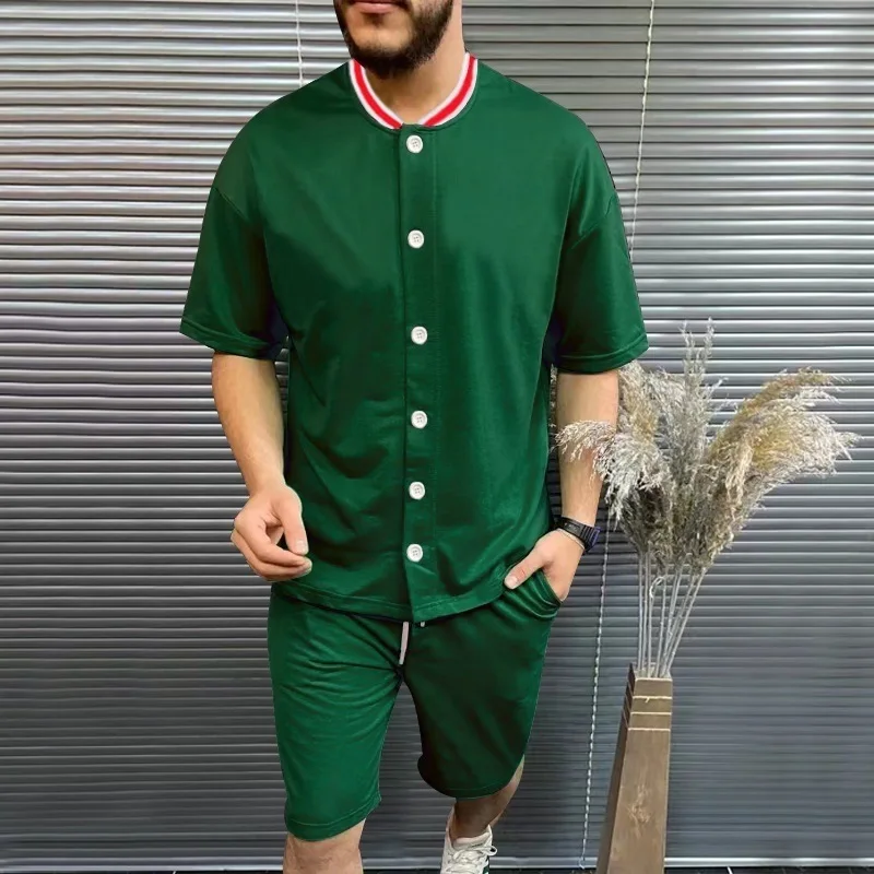 

Men Short Sleeve O-Neck T-shirt & Elastic Waist Shorts Set Mens Fashion Button Two Piece Suits Summer Patchwork Casual Outfits