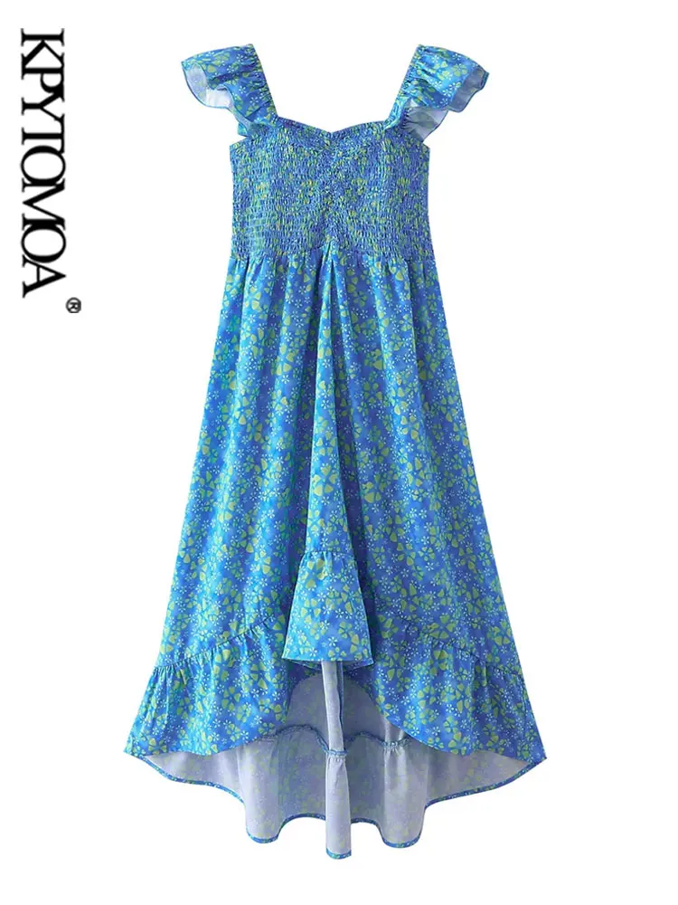 

KPYTOMOA Women Fashion Printed Smocked Asymmetrical Midi Dress Vintage Slash Neck Ruffled Female Dresses Vestidos Mujer
