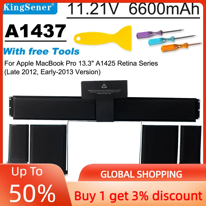 Аккумулятор KingSener A1437 для ноутбуков Apple MacBook Pro, 13 дюймов, Retina A1425, конец 2012, Ранняя 2013, 11,21 в, 6600 мАч/74 Вт/ч, бесплатные инструменты Аккумулятор KingSener A1437 для ноутбуков Apple MacBook Pro, 13 дюймов, Retina A1425, конец 2012, Ранняя 2013, 11,21 в, 6600 мАч/74 Вт/ч, бесплатные инструменты