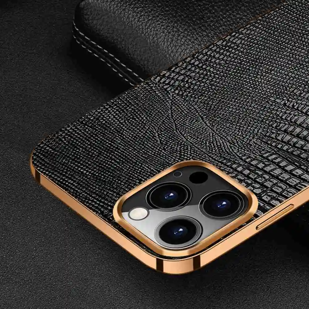 Genuine Leather Case for iPhone 13 12 11 14 Pro MAX Mini 12Pro 13Pro 11Pro 14Pro X XR XS Max Case Luxury Plating Soft Back Cover