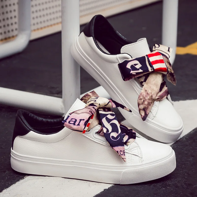 YeddaMavis Red Girl Sneakers New Fashion Silk Ribbon PU Leather Waterproof Flat Skate Lace Up Casual Shoes Women Vulcanize Shoes