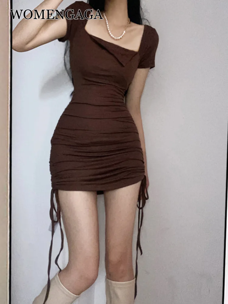 

WOMENGAGA 2022 summer new sports workout short sleeve slim hip drawstring casual tight t shirt mini dress tops sweet 87W6