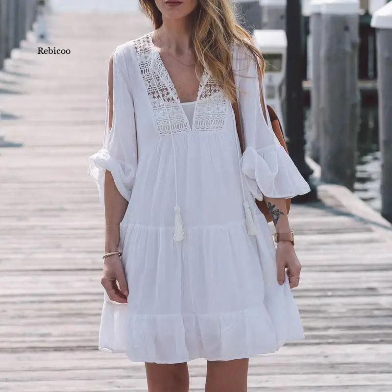 

New Summer Boho Flare Sleeve V-Neck Beach Dress 2022 Solid Color Women Beach Bikini Cover Ups