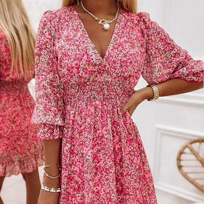 Мини-платье женское с оборками и V-образным вырезом | Женская одежда