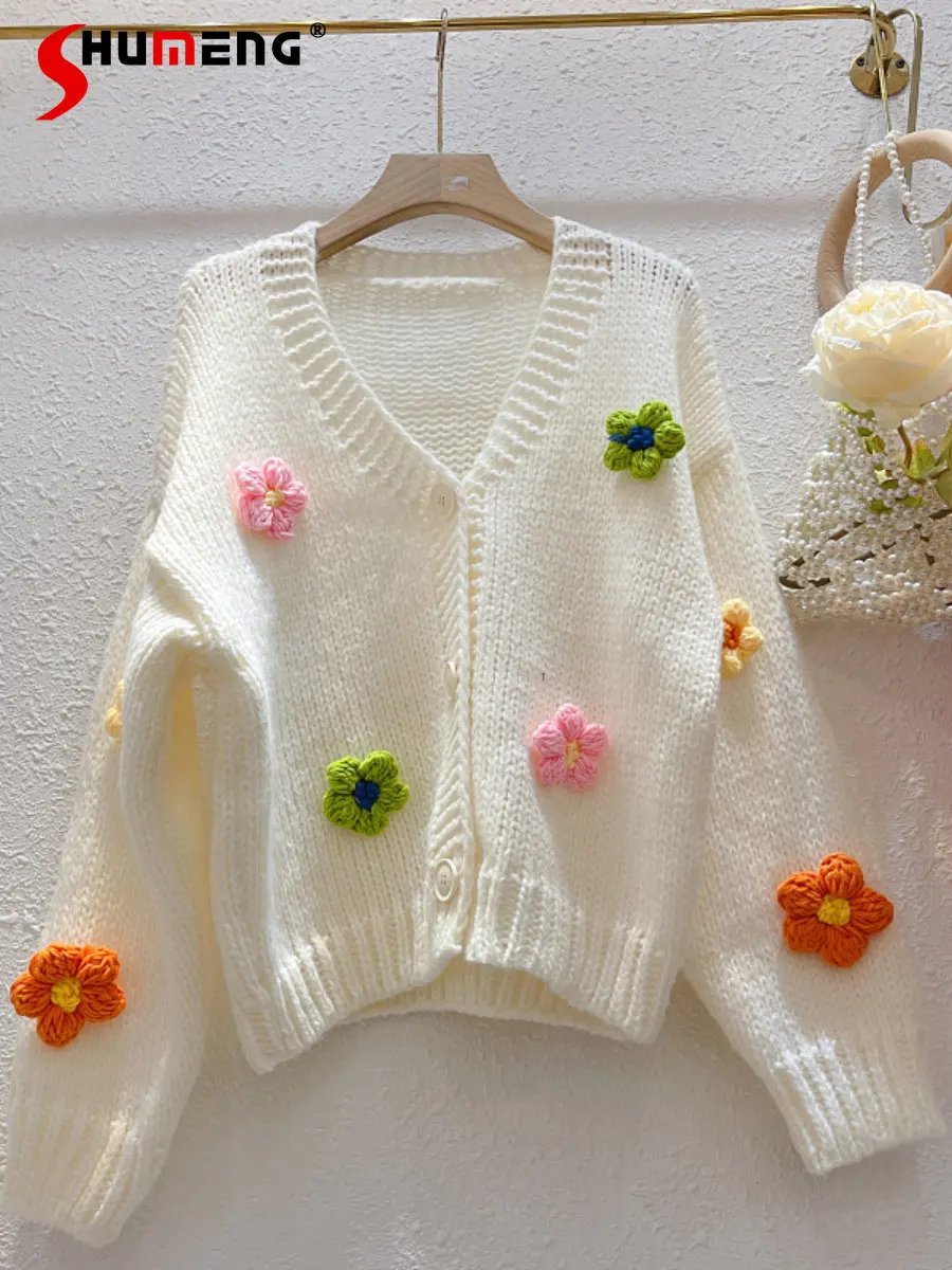 

Женский кардиган с V-образным вырезом, свободный трикотажный свитер с цветочным принтом и длинным рукавом, в Корейском стиле, Осень-зима 2022