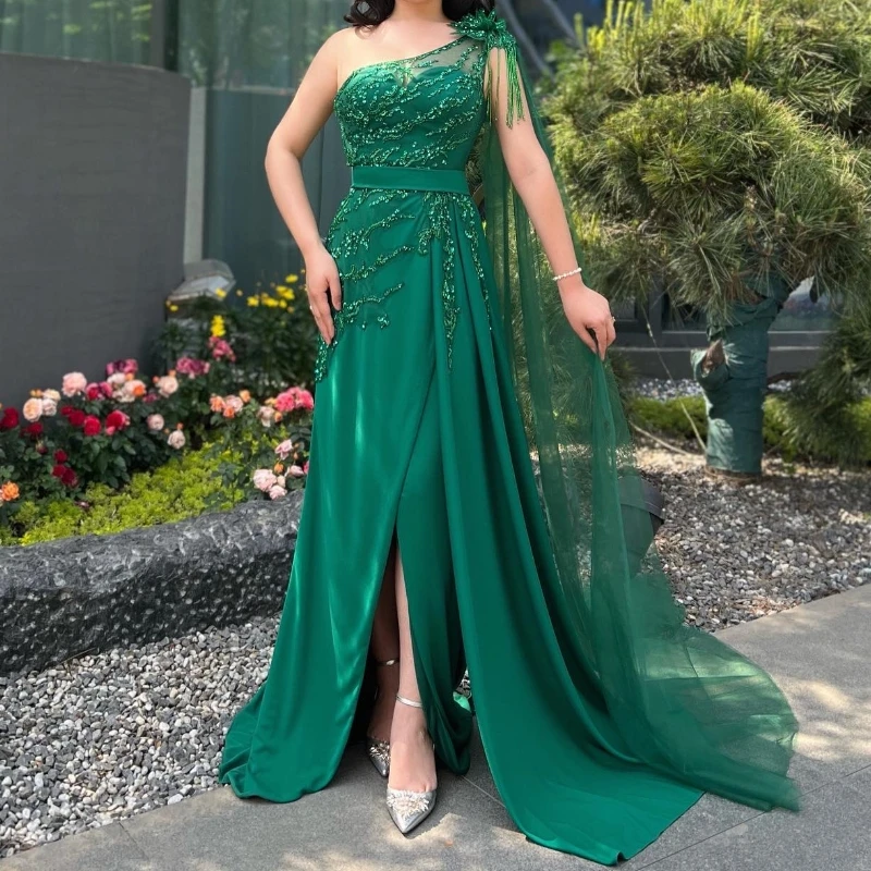 

Женское вечернее платье с одним открытым плечом, зеленое платье-Русалка с бусинами, длинное платье с высоким разрезом для свадебной вечеринки и выпускного вечера