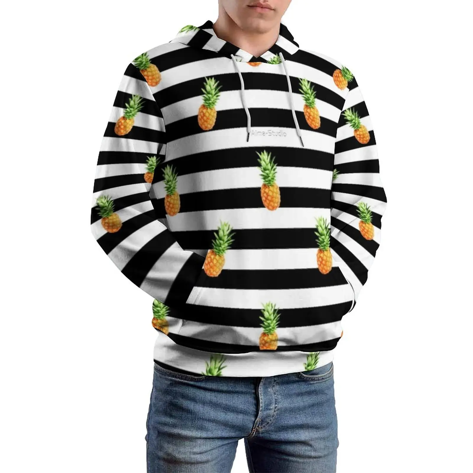 

Cute Pineapple Casual Hoodies Men Black Stripes Print Elegant Graphic Hooded Sweatshirts Autumn Streetwear Oversized Hoodie Gift