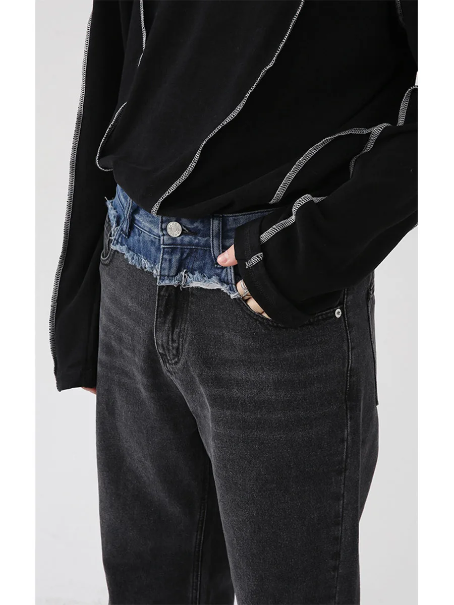 YIHANKE Four Seasons American Style Stitching Design Men's Straight Casual Pants Y2k Men Jeans Streetwear Men Ins Hot Sale JEANS