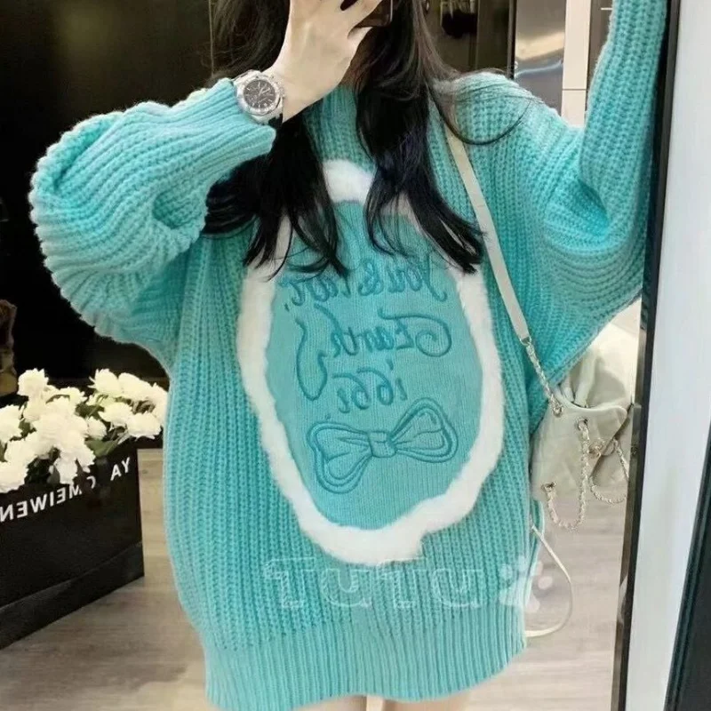 

Женский Однотонный свитер DUOFAN, пуловер в Корейском стиле с длинным рукавом и бантом и принтом, милые мягкие Пуловеры для девочек, трикотажны...