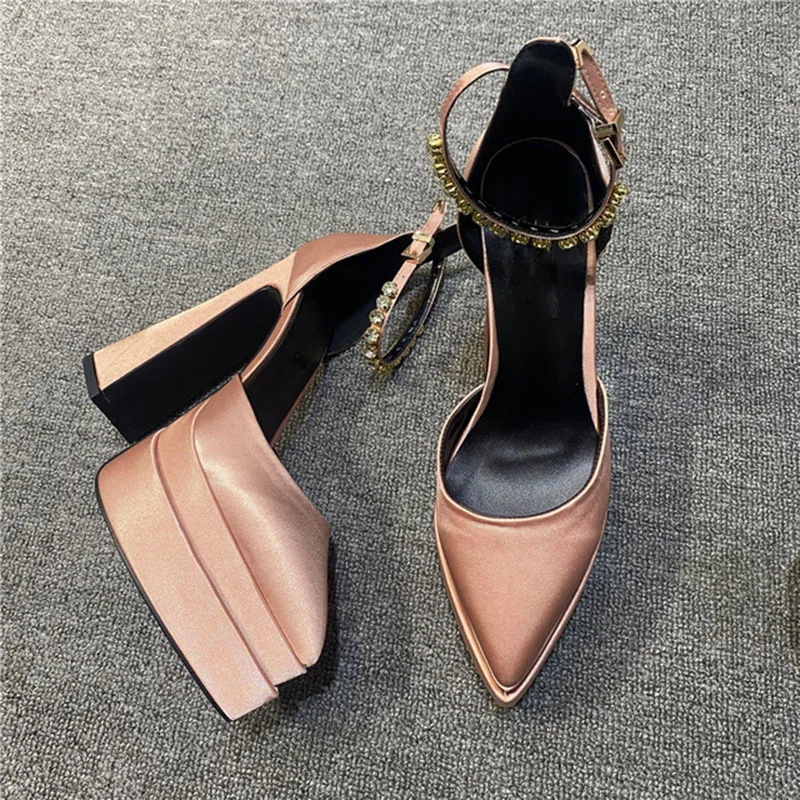 Sexy Pointed Toe Women's Sandals Thick High-heel Platform Pumps New Satin Party Wedding Shoes Big Size 43 Zapatos Mujer