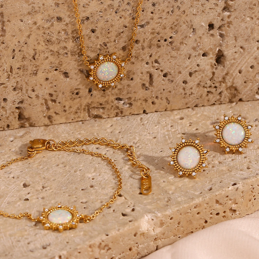 

Round Cute Sun Shaped 3A Zircon Natural Opal Stone Necklace Stud Earring Jewelry Set For Wedding Party