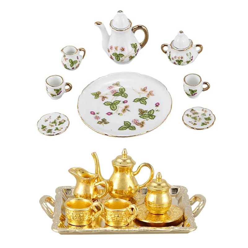 

2 Set Dollhouse Miniature 1: 12 Toy Metal Tea Set Gold With 1/6 Dollhouse Miniature Porcelain Coffee Tea Cup Set C