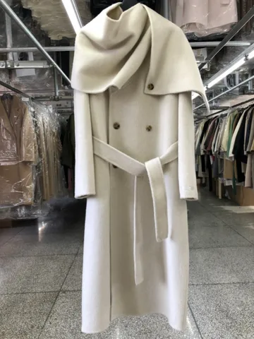 Кашемировое шерстяное пальто DNBS, модная длинная двубортная куртка с шарфом и воротником для женщин, 2024, осенне-зимняя новая коллекция