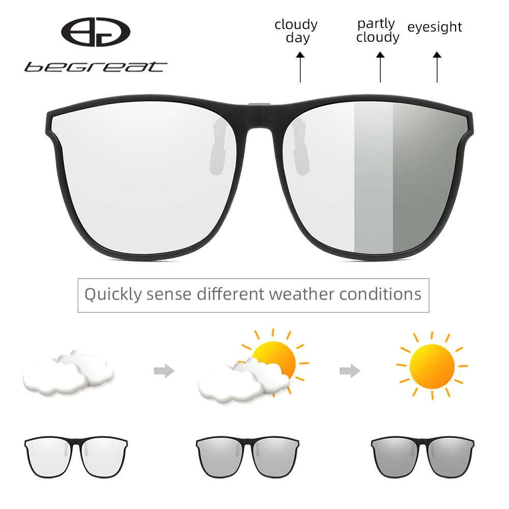 

Begreat Clip on Sunglasses Men Photochromic Polarized Pilot Flip Up Sun glasses Metal Clips Night Vision Safe Driving UV400