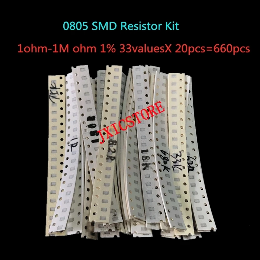 

Комплект резисторов 0805 SMD в ассортименте, 1 Ом-1М Ом 1% 33valuesX 20 шт. = 660 шт., набор образцов
