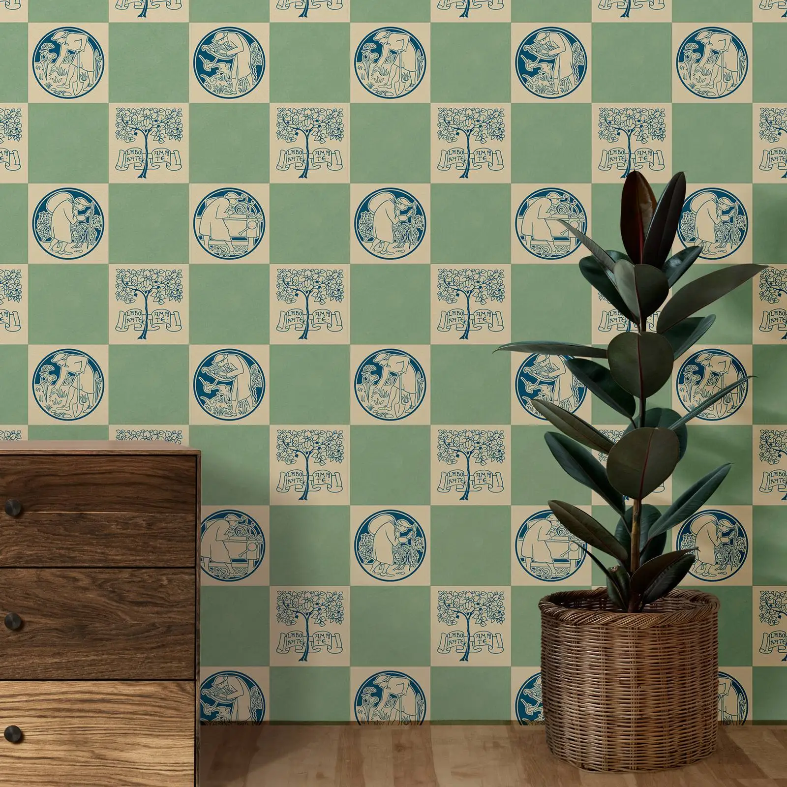 Фото Jadeite Green And Blue Peel and Stick Wallpaper,Green Grid Traditional Non Woven Wallpaper For Wall Art ,Custom Colors and Size №2
