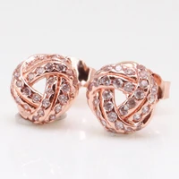authentic 925 sterling silver sparkling rose love knot with crystal stud earrings for women wedding gift pandora jewelry