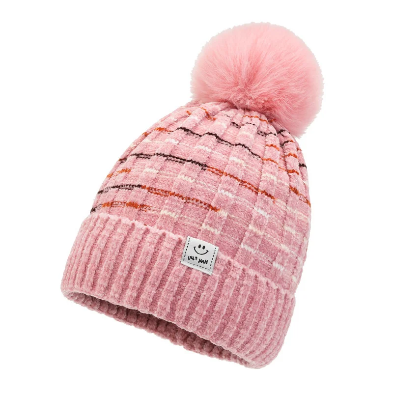 

2023 Parent Child Women Hats Warm Winter Pompom Fur Knitted Beanie Caps Women Baby Girls Boy Fur Pom Pom Hat Ski Snow Cap