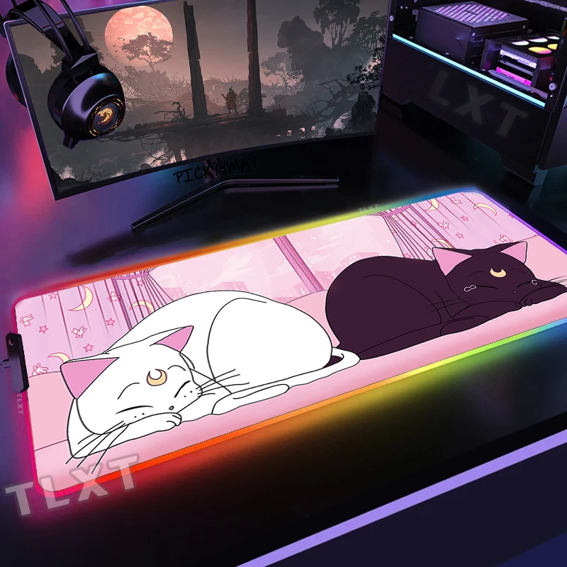 

Большой коврик для мыши RGB с изображением розового кота, милый игровой коврик для мыши, геймерский коврик для мыши, настольные коврики для ПК, коврики для клавиатуры RGB XXL