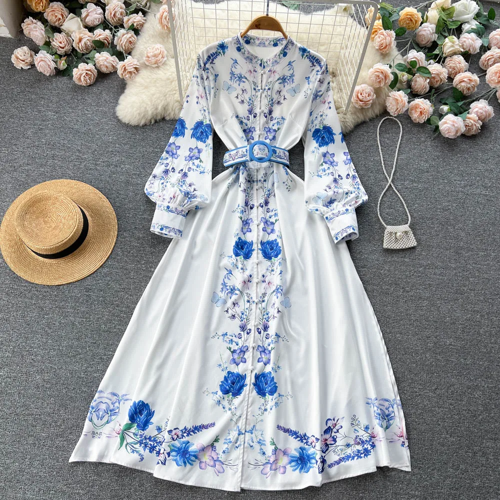 

Banulin Spring Summer Designer Runway Vintage Shirt Dress Women's Stand Collar Lantern Sleeve Single Breasted Split Long Robe