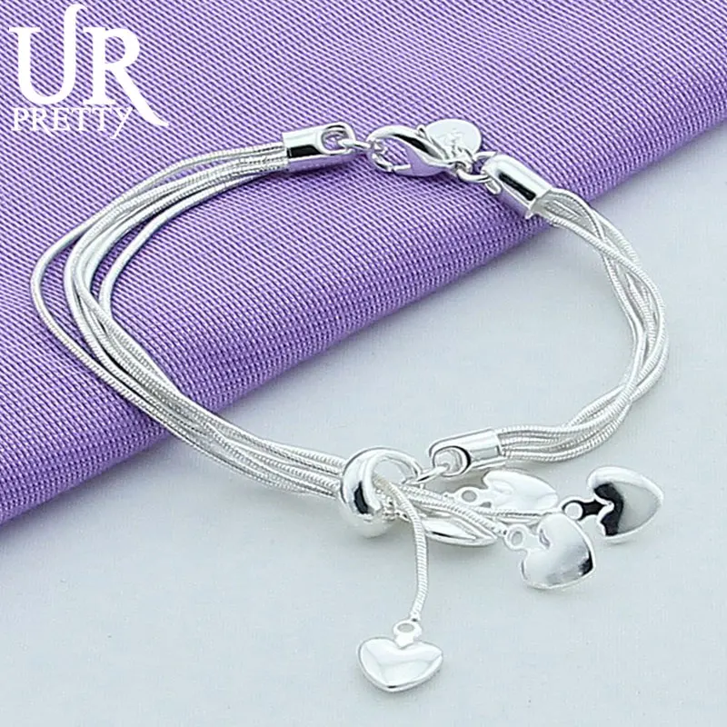 

URPRETTY 925 Sterling Silver Five Snake Chain Love Heart Bracelet For Woman Charm Wedding Engagement Party Fashion Jewelry
