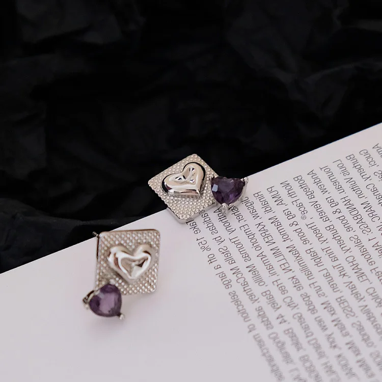 

New Sweet Cool Dream Romantic Purple Love Zircon Square Earrings Heart Shaped Earrings for Women Girl Jewelry Gift