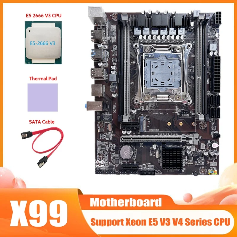 X99 Motherboard LGA2011-3 Computer Motherboard Support DDR4 ECC RAM Memory With E5 2666 V3 CPU+SATA Cable+Thermal Pad