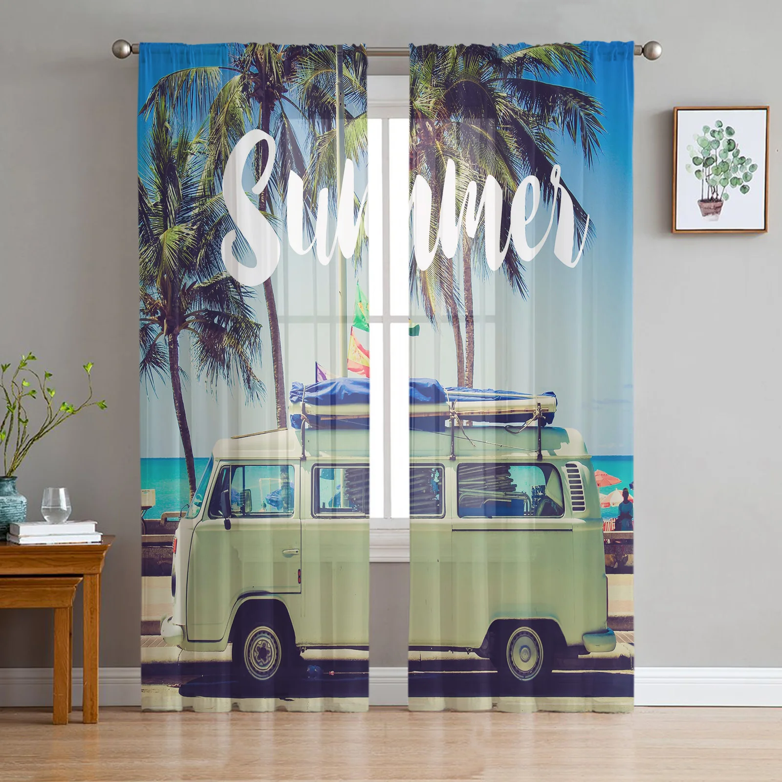 Seaside Bus Palm Tree Sheer Curtain for Living Room Hall Wall Dress Up  Home Window Supplies Pop Print Tulle Curtains