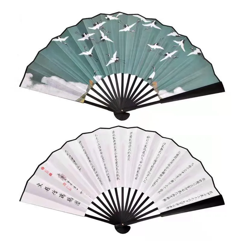 

Antique Large Decorative Xuan Paper Fans Auspicious Cranes Chinese Folding Hand Fan Costume Hanfu Prop Men Women Accessories