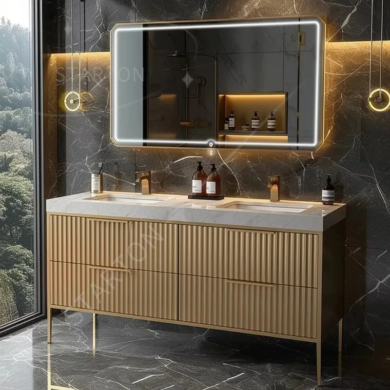 Фото Комплект мебели для ванной комнаты в стиле бревенчатой стены из Corian Dupont на заказ с интегрированной раковиной, также подходит для кухни, мебель для главной ванной комнаты №1