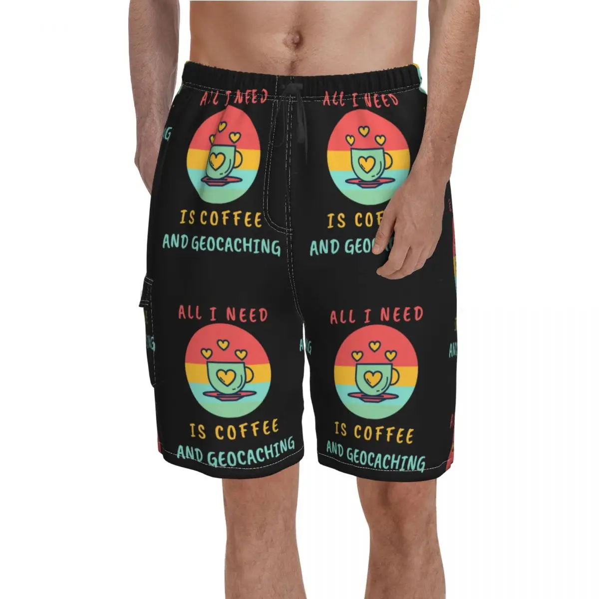 

All I Need Is Coffee And Geocaching Board Shorts High Quality coffee Printing Beach Shorts Men's Elastic Waist Swimming Trunks