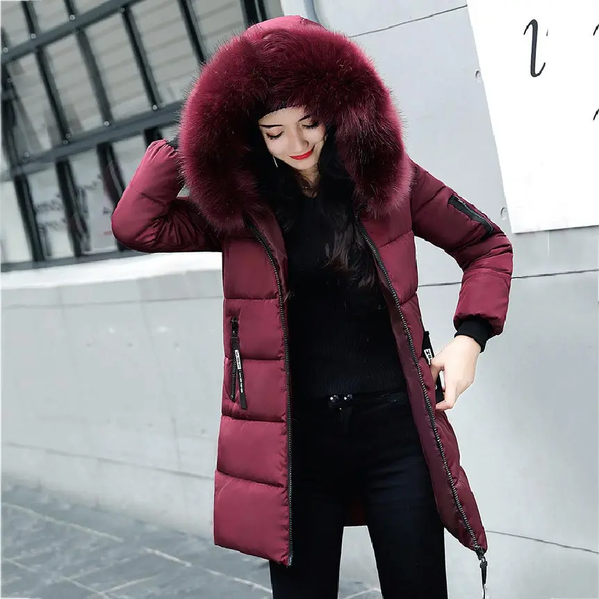 2023 New Women's Down Parkas Winter Jacket Big Fur Collar Thick Slim Coat Fashion Hooded Cotton Outerwear Long Winter Woman Coat