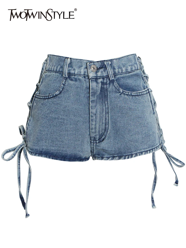

TWOTWINSTYLE Bowknot Lace Up Bowknot Hot Sexy Shorts For Women High Waist Shorts Female 2022 Summer Fashion New Clothing