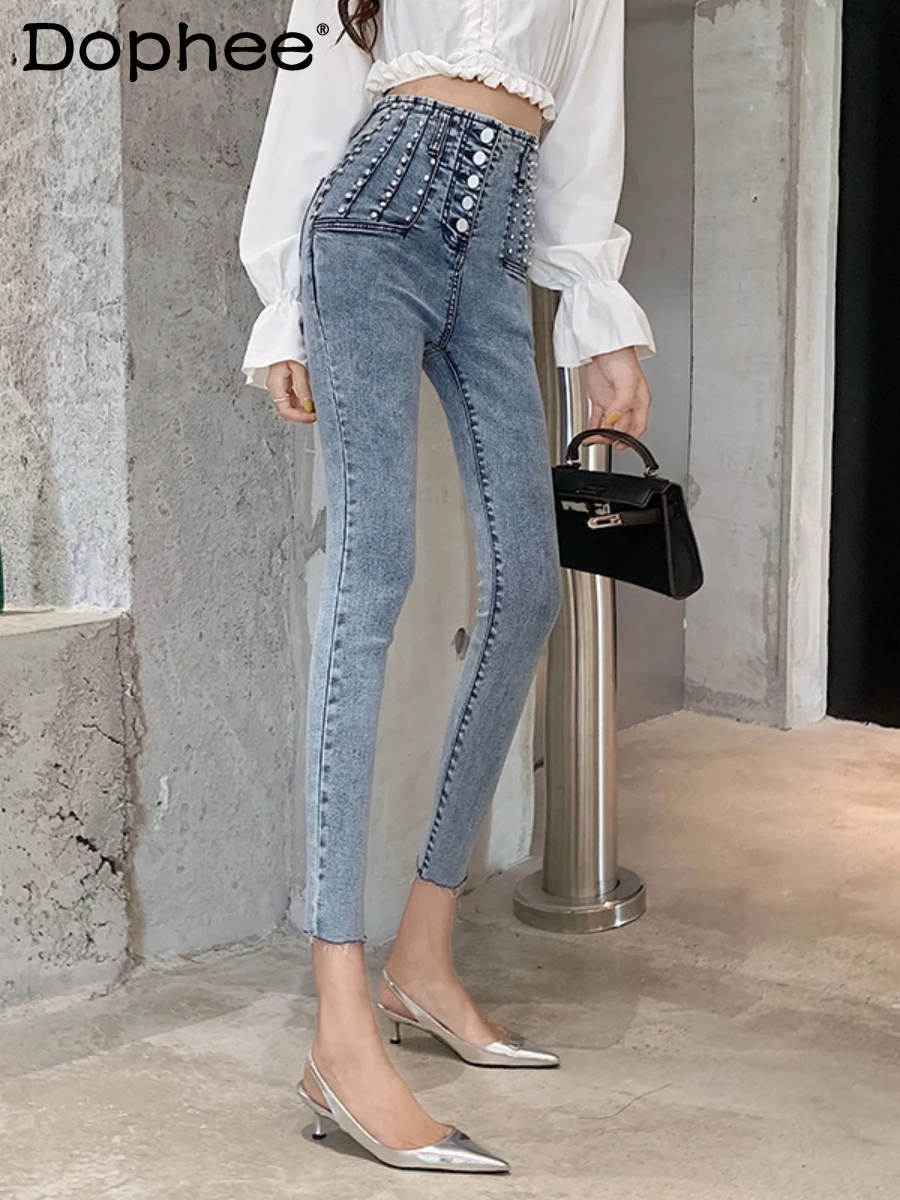 

High-Grade Rhinestone Jeans Women Black Cropped Pants European High Waist Slimming Cotton Stretch Pencil Skinny Denim Trousers
