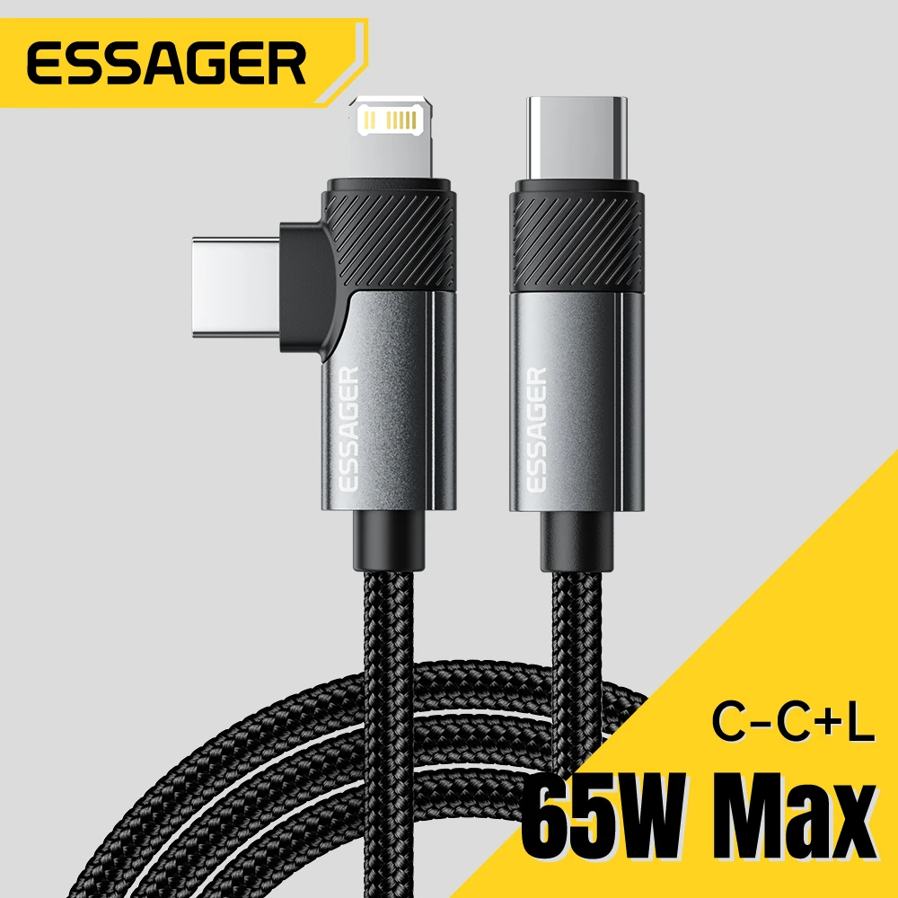 Фото Кабель зарядный Essager 2-в-1 с прямым углом, 65/29 Вт, для iPhone 15/14/13/MacBook/Lenovo/Asus/Dell/iPad Pro №1