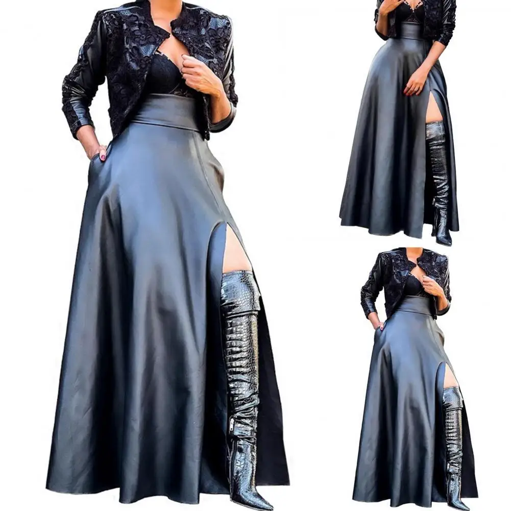 

Fashion Women Skirt High Waist Side Slit Irregular Faux Leather Maxi Skirts for Daily Wear